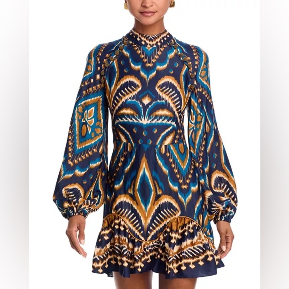 FARM Rio Pineapple Satin Navy Gold Printed Mini Dress Small